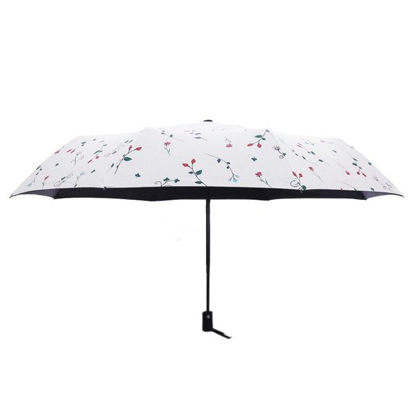 

fully automatic small fresh umbrella rain woman three fold umbrella floral black coating anti uv sun guarda