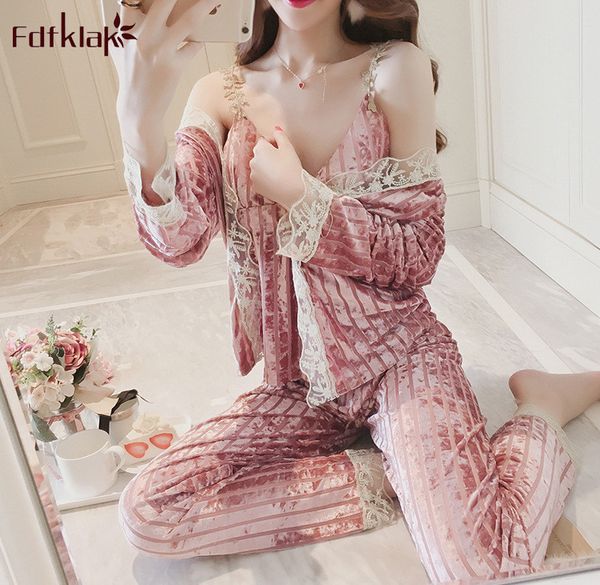 

fdfklak 3 pieces set long sleeve silk velvet pyjamas women spring autumn women's pajamas suit homewear clothes pijama mujer, Blue;gray