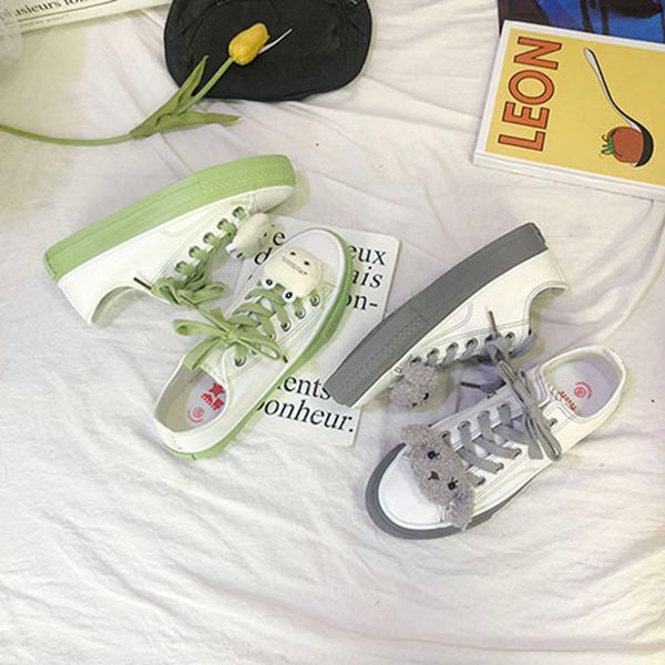 

small white shoes student girls lovely fur dog lace-up muffins loafers women round toe green frog low-sneakers canvas shoes, Black