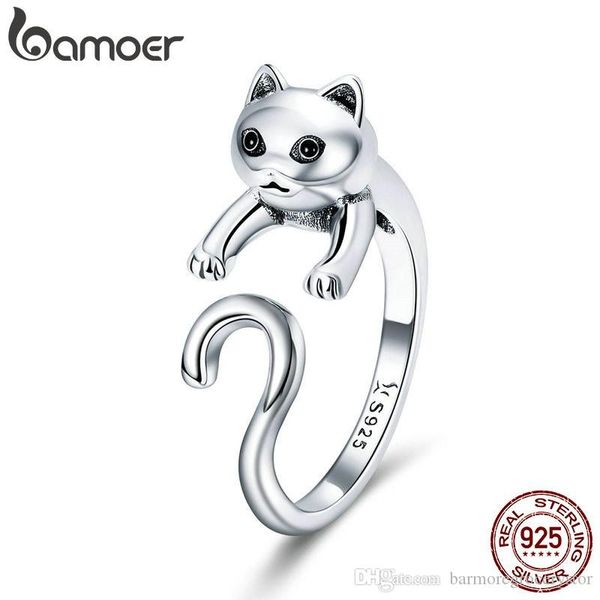 

bamoer genuine 925 sterling silver long tail naughty cat finger rings for women adjustable size sterling silver jewelry scr409