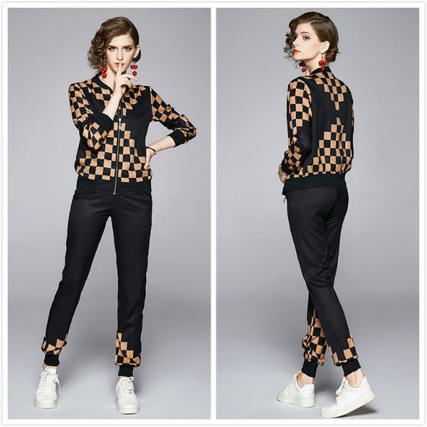 

2020 casual women's black two piece sets print long sleeve runway jackets coat + long pants 2 pcs fashion ladies designer two piece pan, White