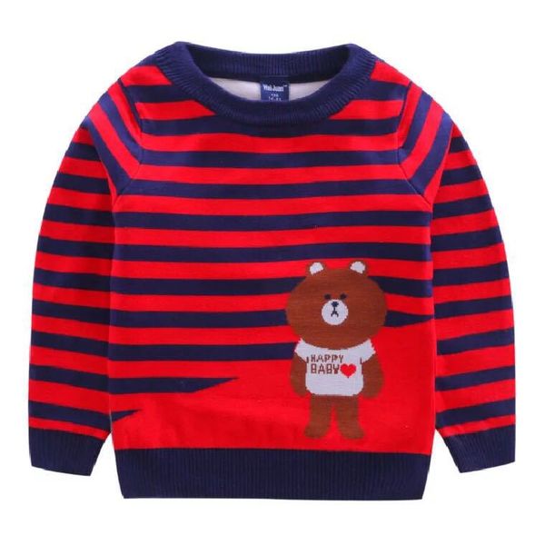 

childrenswear winter plus velvet pullover crew neck base shirt boy's cartoon stripes bear pure cotton long sleeve sweater, Blue