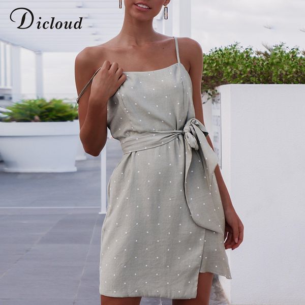 

dicloud casual backless polka dot summer dresses women spaghetti strap mini bodycon irregular streetwear beach party wrap dress, Black;gray