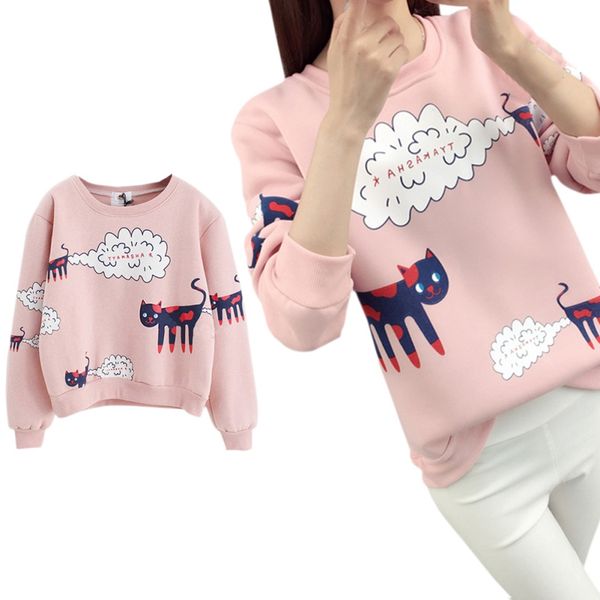 

spring autumn sweatshirt women plus size loose casual thick velvet cartoon cat pattern pullover hoodies rk, Black