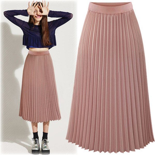 

2019 summer pleated skirt women elegant high waist pink long skirt female ladies women midi black saia