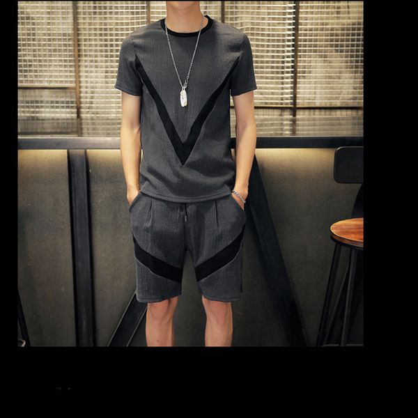 

large size loose tracksuit casual two-piece men's suit comfortable pockets short sleeve shorts suit, Gray