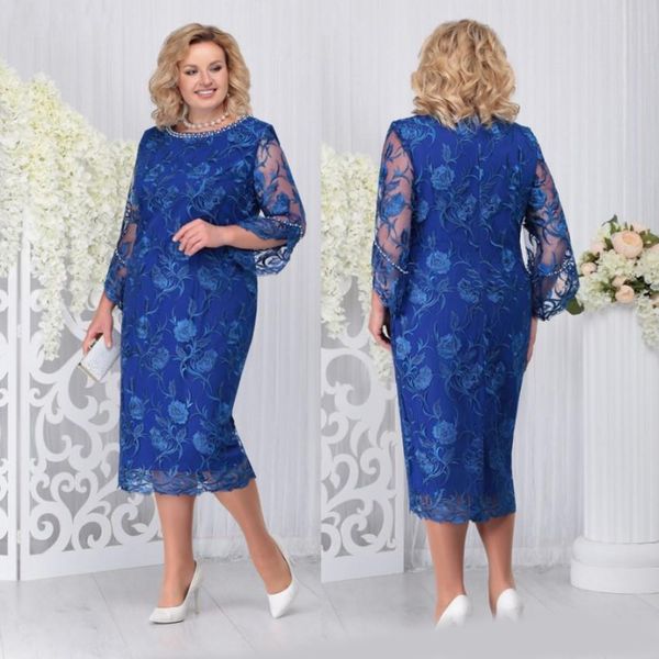 

royal blue plus size lace mother of the bride dresses beaded bateau neck sheath long sleeves wedding guest dress tea length evening gowns, Black;red