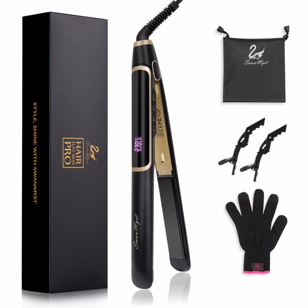 

swanmyst flat iron 1 inch professional hair straightener with nano titanium plates, dual voltage, digital lcd display, Black