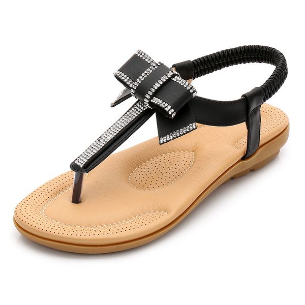 

large size female sandal bow shoes bohemian sandals 2020 summer sizes ladies woman fashion rhinestone beach for flat beige, Black