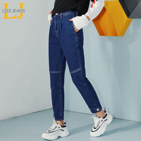 

leijijeans autumn and winter new style soft and comfortable loose ladies harlan jeans featuring button cuffs fashion women jeans, Blue