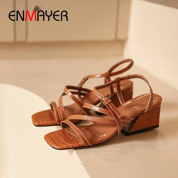

ENMAYER Genuine Leather Stripper Shoes Buckle Strap Cross-Strap 2020 Women Sandals Fashion Hoof Heels Narrow Band Womens Shoes, Black