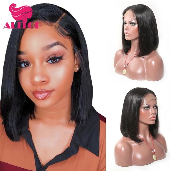 

aliruler 13x6 lace front human hair wigs short bob wig 150%density pre plucked with baby hair peruvian remy for black women, Black;brown