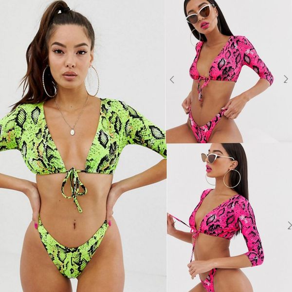 

2019 women half sleeve push up snakeskin printed brazilian bikini sets thong v-neck bathing suits