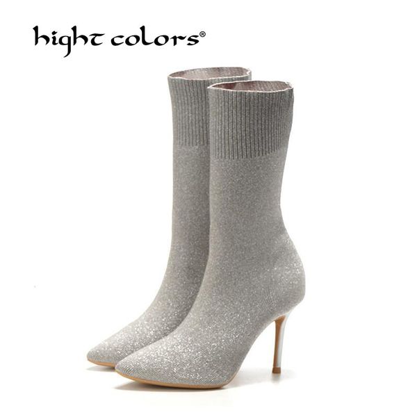 

size 34~40 new gray red black stitching knitted wool pointed thin heel sequined short boots female socks boots female t11-57