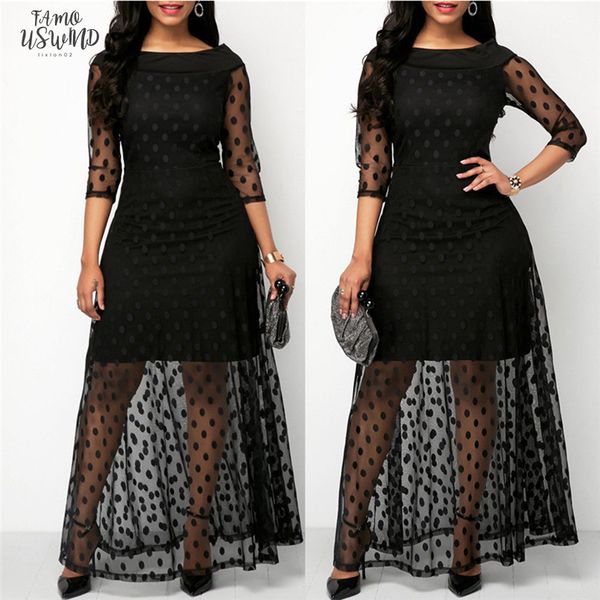 

summer women dress polka dot print lace maxi dresses for women elegant ladies dresses black plus size evening party dress, Black;gray