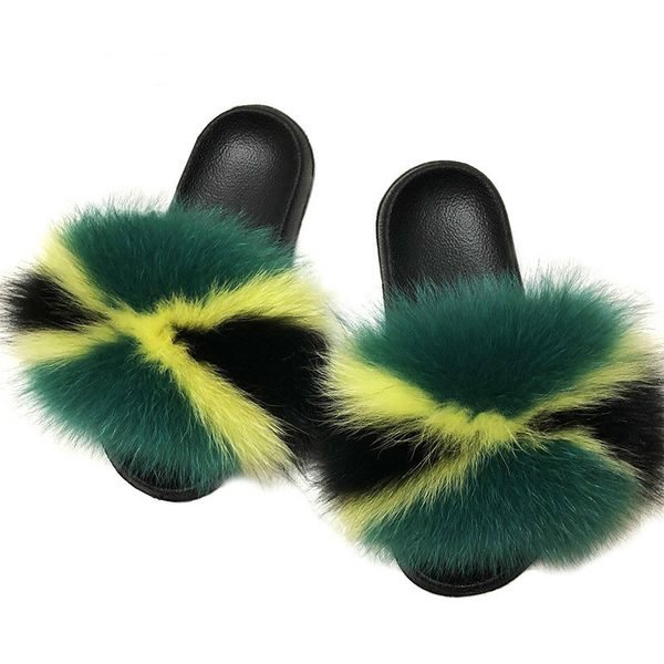 

women fur slipper real raccoon fur fashion style furry slides soft warm big fluffy fur shoes summer sandals flat indoor slippers, Black