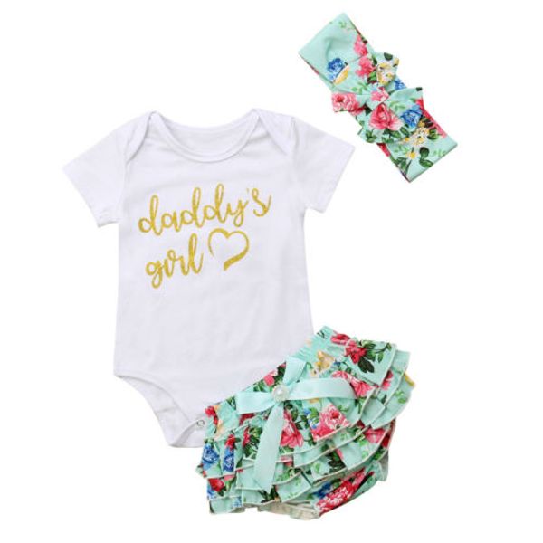 

flower infant baby girl romper tutu floral skirt headband outfit set 3pcs baby clothing, White