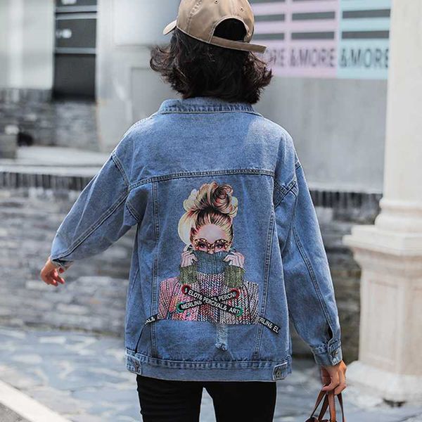 

jvcake plus size women's loose denim jacket thin section fashion decal embroidery pattern lapel blue 2020 summer denim coat 3xl, Black;brown