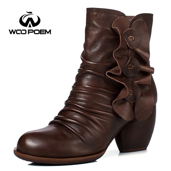 

2017 genuine leather boots high heel mid-calf boots winter shoes woman retro flower women winter, Black