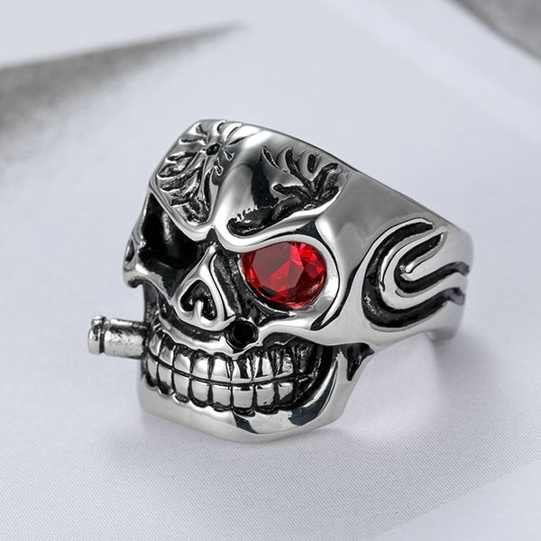 

smoking skull head ring men with red cz eye punk stainless steel boys mens skeleton rings male jewelry dropshipping, Silver