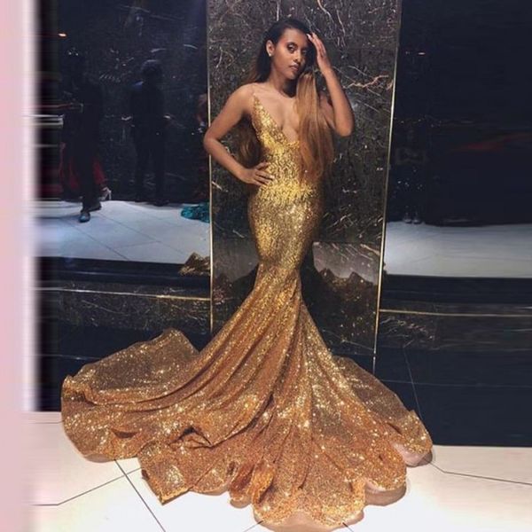 

sparkle gold sequined mermaid prom dresses deep v-neck backless long mermaid evening gowns sequins party dress vestido formatura, Black
