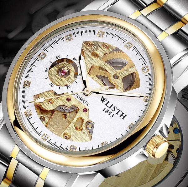 

wlisth brand men skeleton gold watch automatic mechanical mens steel watches waterproof self-winding clock stainless steel, Slivery;brown