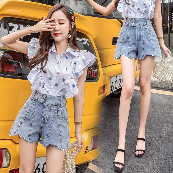 

women dreses2020 summer new high waist slimming wide leg pants all-match loose a- line pants denim shorts womens fashion, White;black