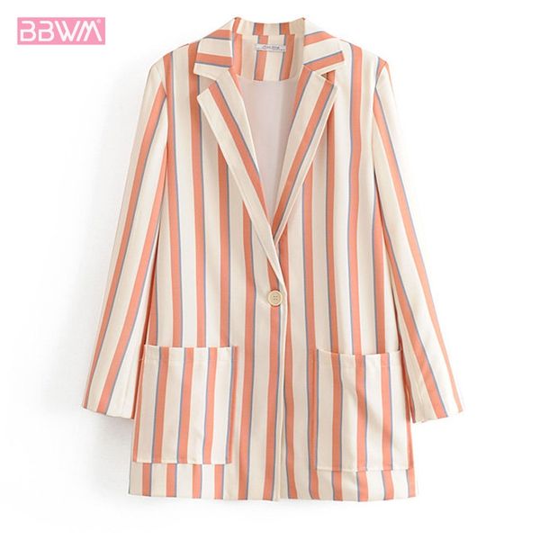 

vertical striped one button long sleeve lapel women's jacket 2019 autumn pocket simple elegant female coat, Black;brown