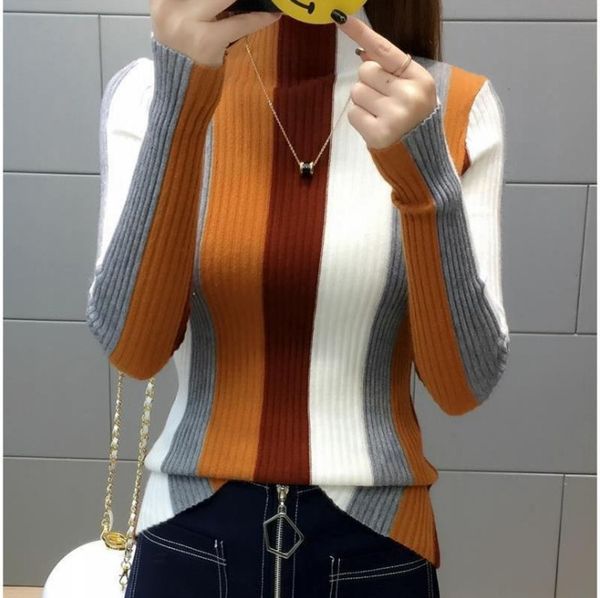 

rainbow stripe sweater contrast knitted pullover sweaters new long sleeve turtleneck knitwear fashion slim women jumper, White;black