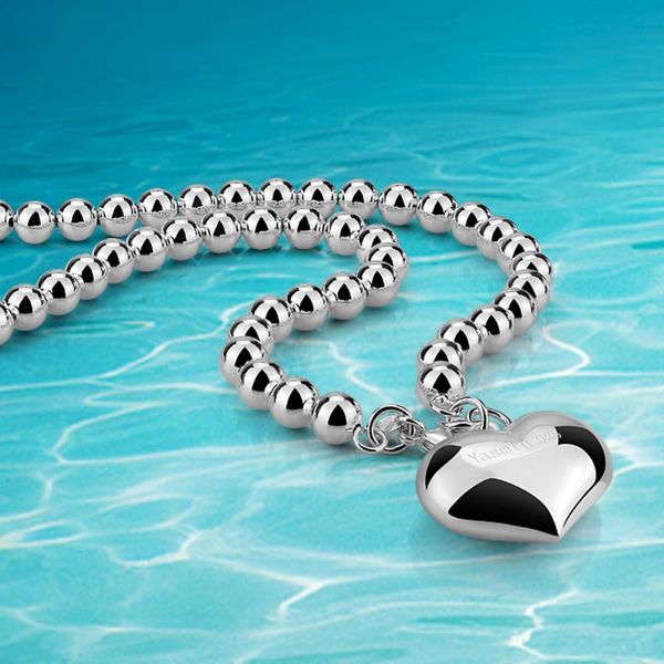 

sterling silver 925 necklace for women, heart pendant necklace. fashion jewelry simple round bead chain ladies sweater chain