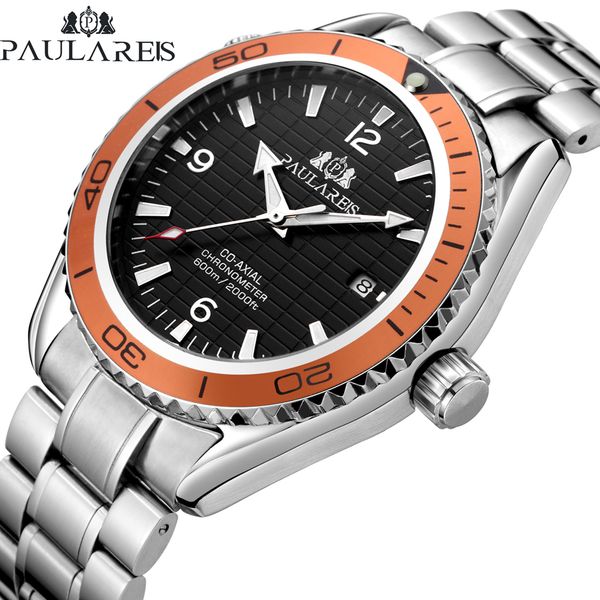 

men automatic self wind mechanical stainless steel strap simple orange blue black bezel james bond 007 style date business watch cj191213, Slivery;brown