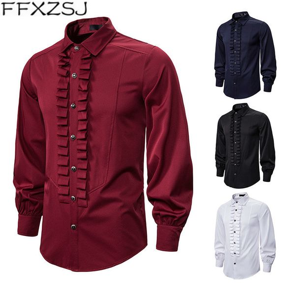 

devil gothic steampunk shirt men fashion ruffles pleated vintage retro victorian renaissance shirts mens evening party blouse, White;black