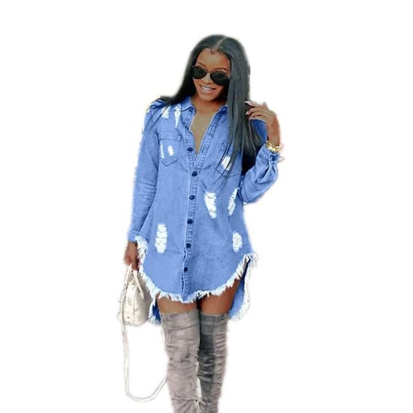 

casual dresses ripped hole tassel denim dress spring women long sleeve single breasted irregular mini loose asymmetry, Black;gray