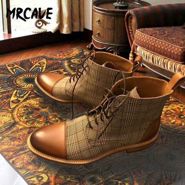 

mrcave men boots plaid lace up boots basic male winter spring ankle fashion man round toe booties fashion british style, Black