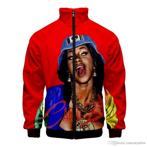 

cardi b rapper women hoodies designer 3d printed zipper up slim fit sweatshirts baseball pullovers, Black