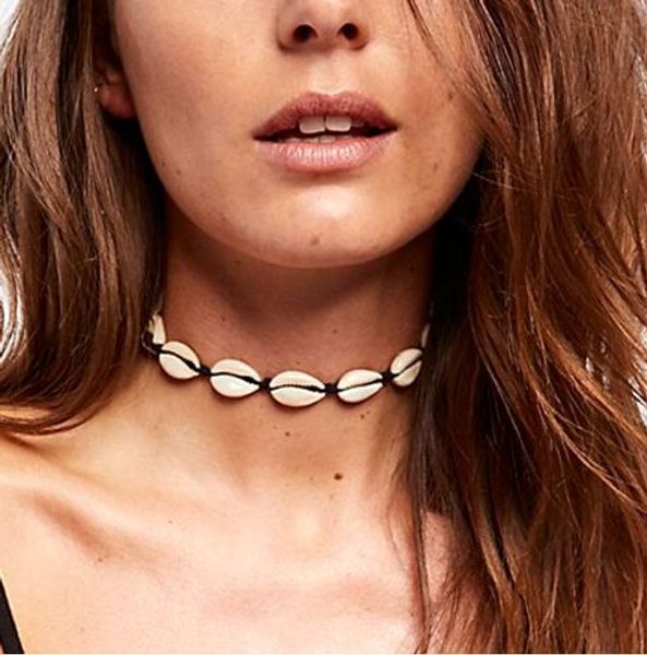 

Мода Черная Веревка Цепи Природный Seashell Choker Ожерелье Воротник Ожерелье Shell Choker Ож