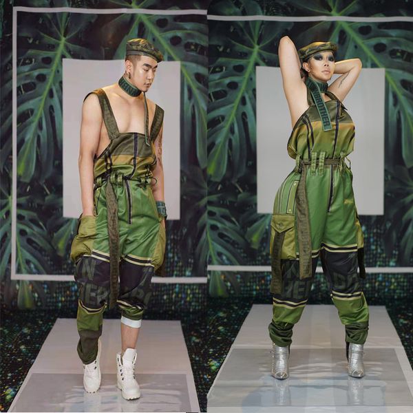 

men women couple jumpsuit army green overalls uniform sleeveless loose rompers stage singer dancer performance costume jumpsuit, Black;white