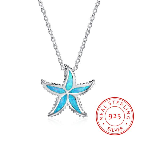 

925 sterling silver europe style silver sea animal starfish star necklace blue synthetic opal chinese women jewellry