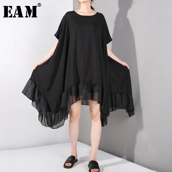 

eam] 2020 new spring summer round neck short sleeve black irregular ruffles loose big size dress women fashion tide 4464, Black;gray