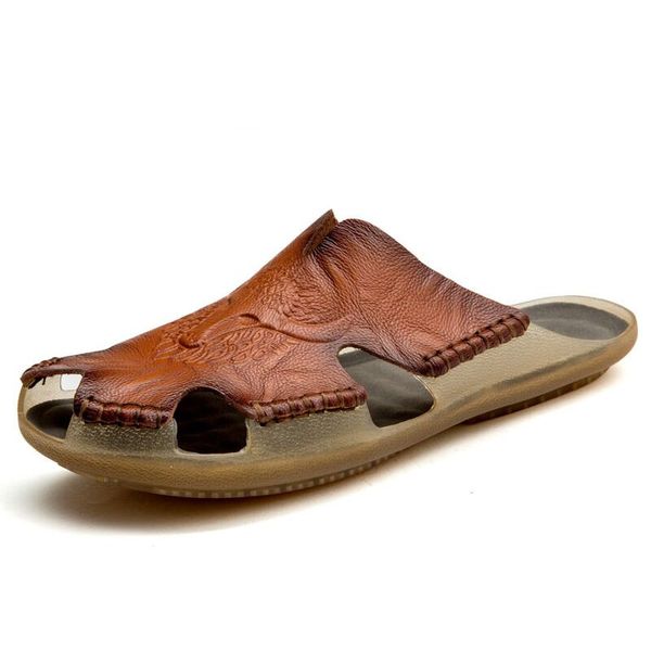 

2019 new quality leather non-slip slippers men beach sandals comfortable summer shoes men slippers classics men flip flops, Black