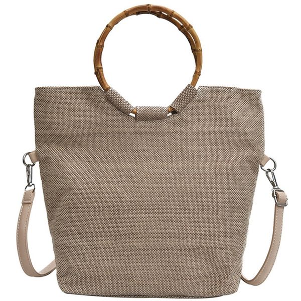 

korean version of the ring bamboo handbag handbag female new fashion linen woven tote bag female shoulder messenger bag khaki