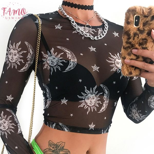 

maan en galaxy print zomer 2019 mesh t shirt lange mouw vrouwen gothic crop gebreide slanke transparante t shirts, White
