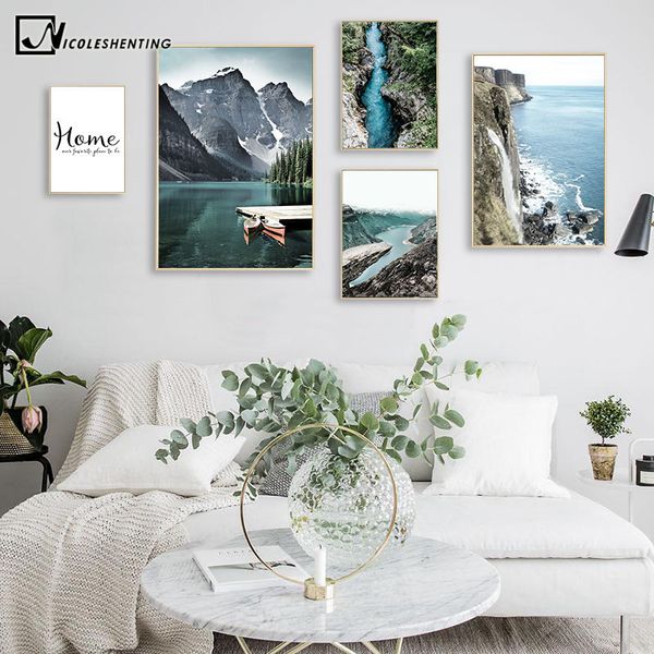 

mountain lake waterfall picture scandinavian poster nordic style print nature scenery wall art canvas painting modern room decor