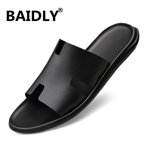 

new big size genuine leather men sandals cowhide summer sandals quality men slippers casual outdoor beach shoes y200702, Black