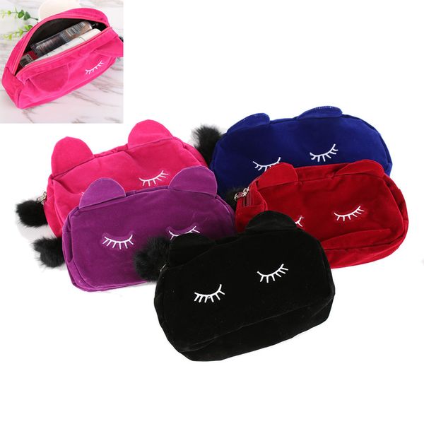 

cute cartoon cat toilet bag for cosmetics women small makeup cosmetic bag travel organizer purse storage flannel pouch cases