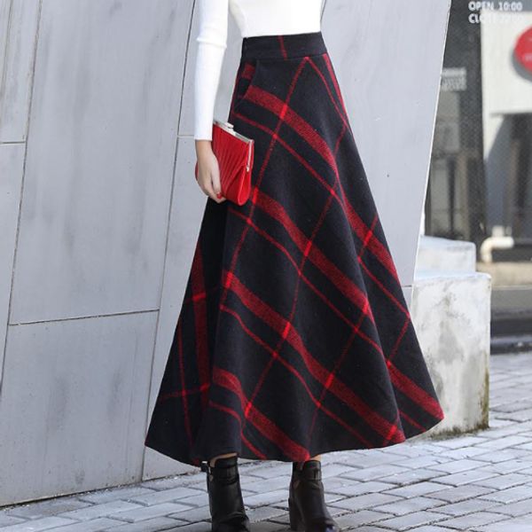 

high waist maxi wool skirts women fall pocket elastic waist elegant office lady long skirt gray red plaid warm skirts ff696, Black;gray