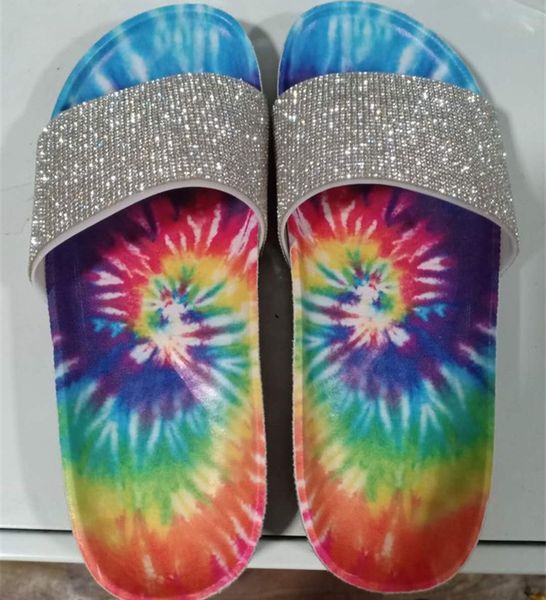 

women tie-dye slippers summer drill glitter bling slides anti-skid flat shoes low heel flip flops crystal bling sandals fashion d61008, Black;grey