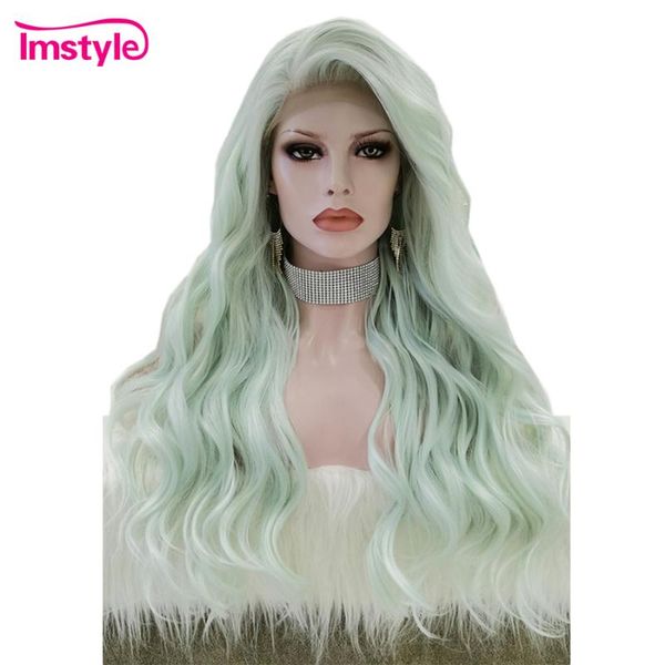 

imstyle aqua green wig wavy synthetic lace front wig glueless heat resistant fiber long cosplay wigs for women, Black