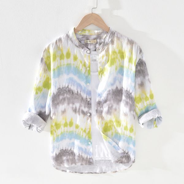 

2020 мужские три четверти рукавом 100% льняные летние casual печати рубашки man stand collar блуза топы y2483, White;black