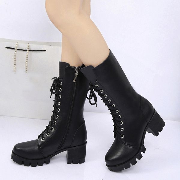 

autumn shoes woman mid calf boots winter casual platform block high heels boots female lace up zipper ladies leisure footwear, Black
